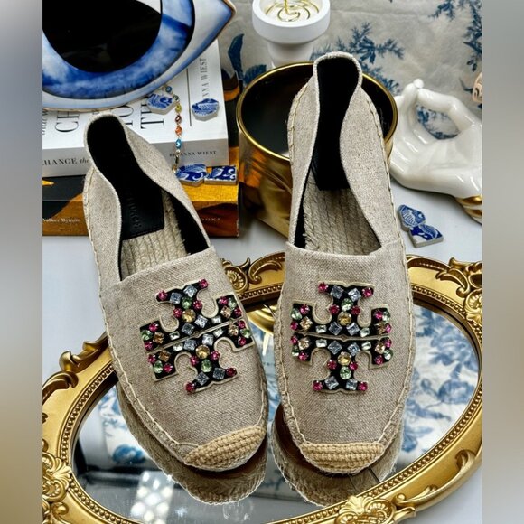 🆕 TORY BURCH 🧿 NWOT Ines Linen & Leather Bejewelled Espadrilles - Size 8 - Picture 9 of 10
